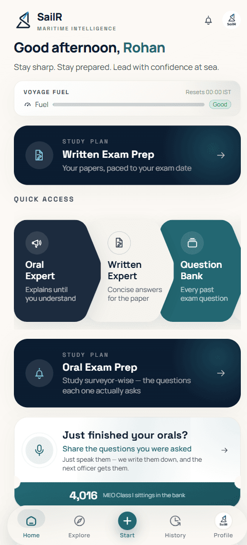The SailR dashboard: voyage fuel, study plans for the written and oral exams, and the question bank.