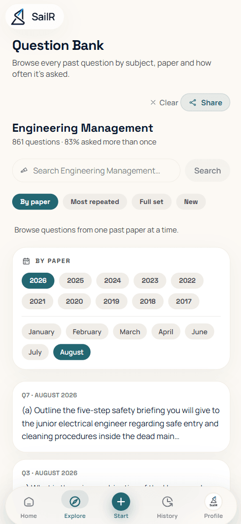 The SailR question bank browsing Engineering Management — 861 questions, 83% asked more than once, filtered by paper, year and month.
