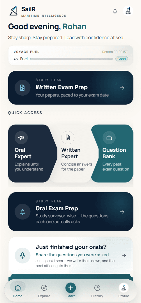 The SailR home screen — your daily allowance, a written and an oral study plan, and the agents you can ask.