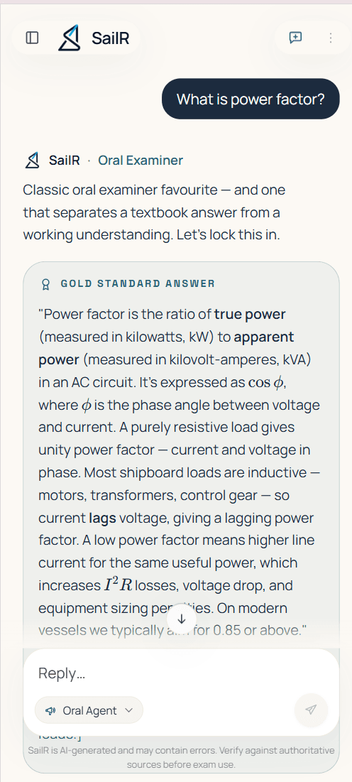 SailR Oral Examiner returning a Gold Standard model answer to 'What is power factor?', with the key terms an examiner listens for.