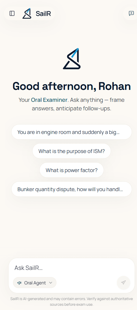 SailR Oral Examiner home screen — a personal greeting and real oral questions ready to practise out loud.