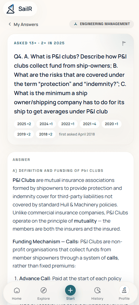 A SailR written answer to a P&I clubs question — how often it has been asked, the years it came up, and the answer built section by section.